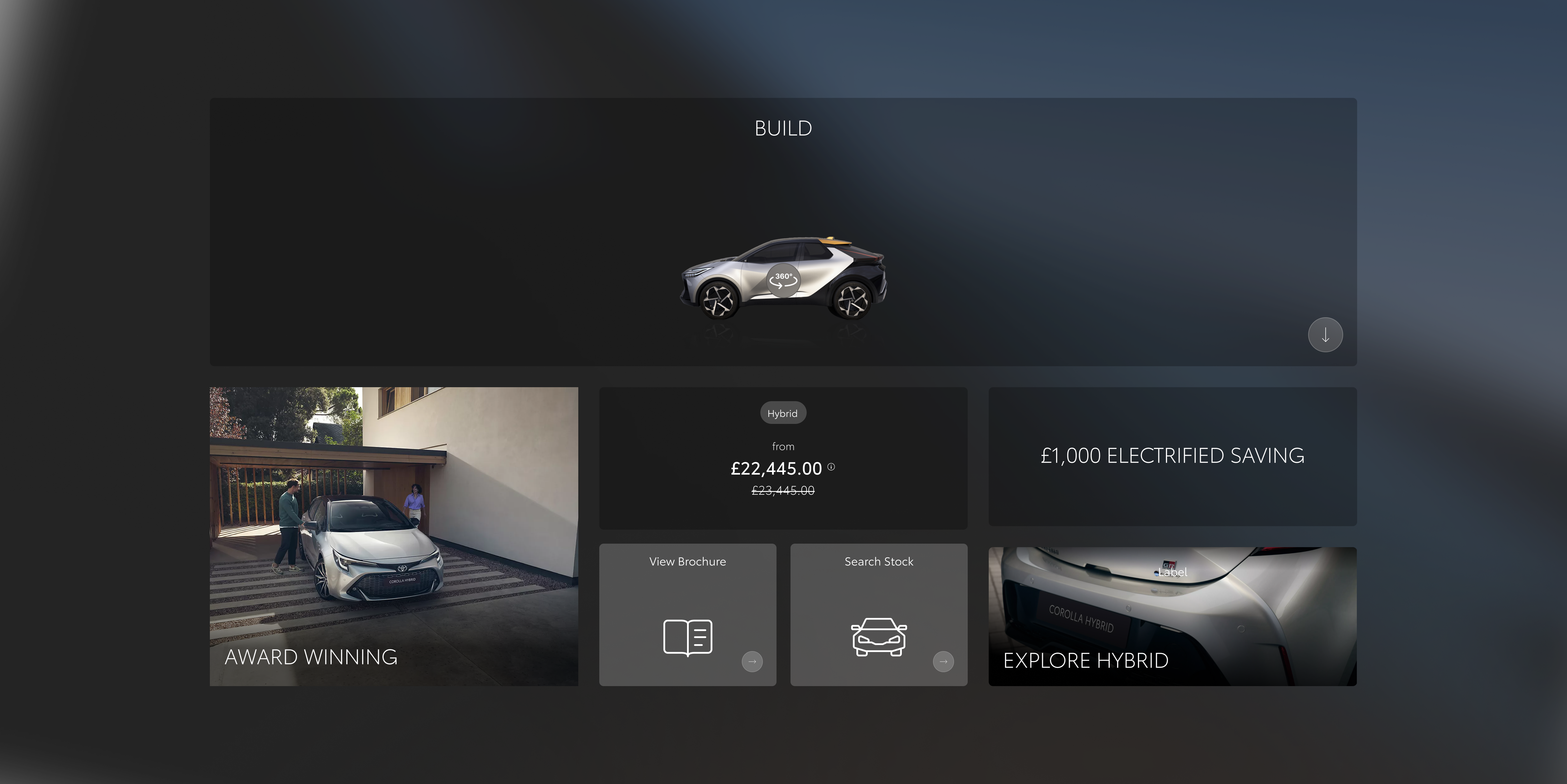 Sales grid for personal buyers: build tile, award winning, hybrid pricing with brochure and search stock, electrified saving